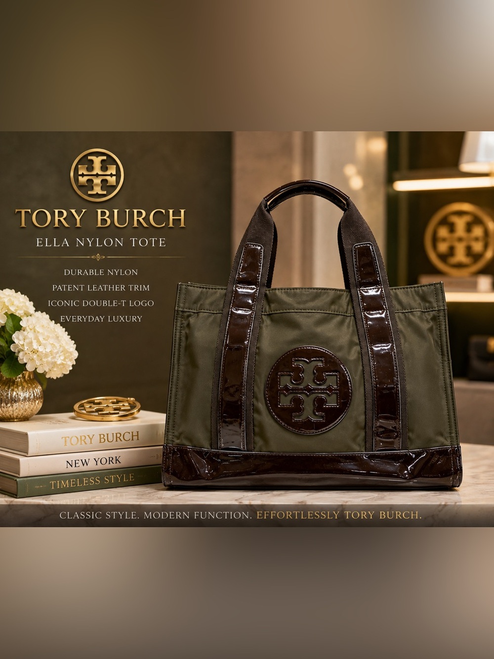 $298 MSRPTory Burch Ella Olive & Brown Patent Trim